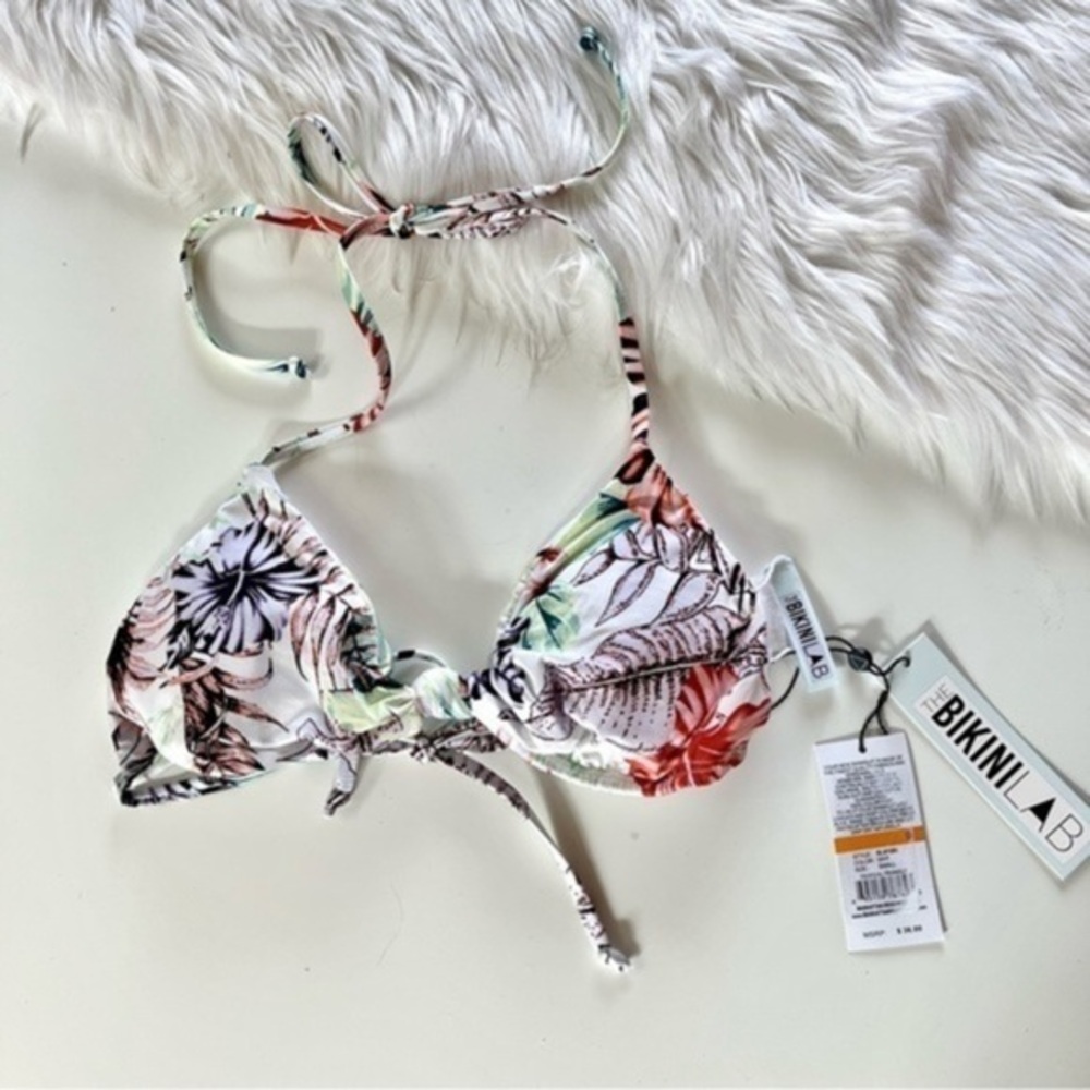 Bikini Lab Tropical Triangle Floral Knotted White Bikini Swim Top